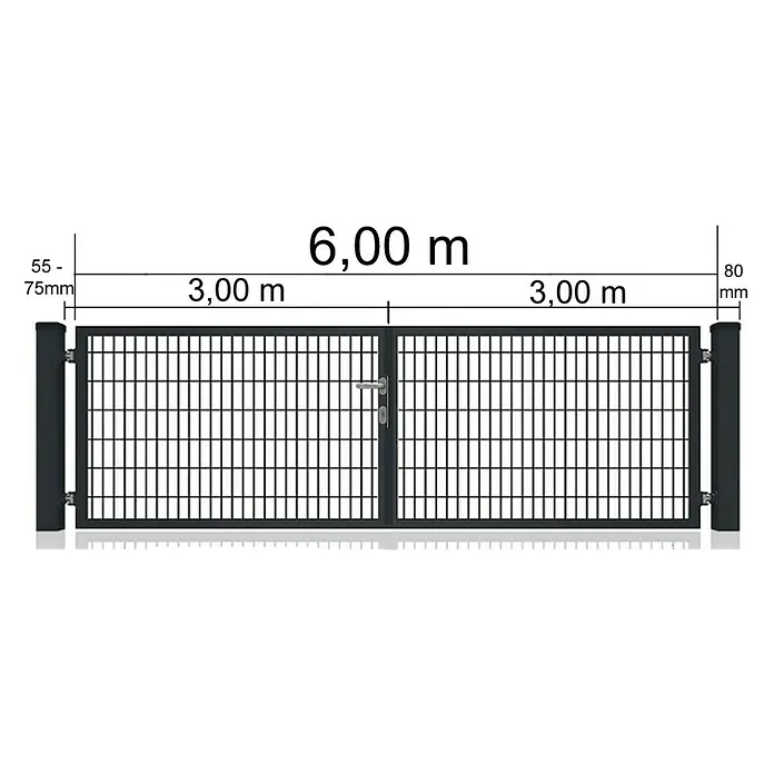 FA-Bausysteme Zauntor Vollrahmen - 6 x 1,8 m, Stahl, Anthrazit, 2-Flügel - Ansicht eines 6,00 m breiten Doppeltors mit schwarzen Pfosten und Gitterstruktur. Die Torflügel sind gleichmäßig aufgeteilt und mit Griff versehen.