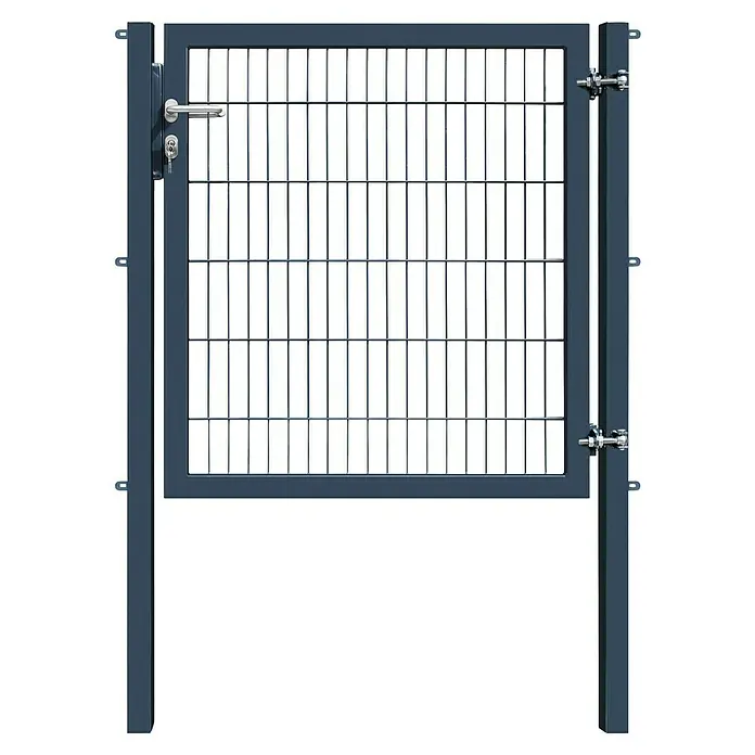 FA-Bausysteme Zauntor Industrietor - 1,2 x 1,2 m, Stahl, Anthrazit, 1-Flügel, Drahtstärke 6/5/6 mm - Nahaufnahme eines grauen Metall-Gartentors mit Gitterstruktur, Griff und Schloss an einem Pfosten montiert.
