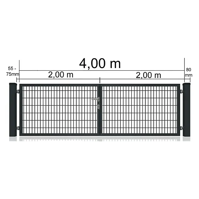FA-Bausysteme Zauntor Vollrahmen - 4 x 2 m, Stahl, Zink, 2-Flügel - Abbildung eines Doppelstabmattenzauntors mit einer Gesamtbreite von 4,00 m, bestehend aus zwei Flügeln von je 2,00 m Breite und Pfosten.