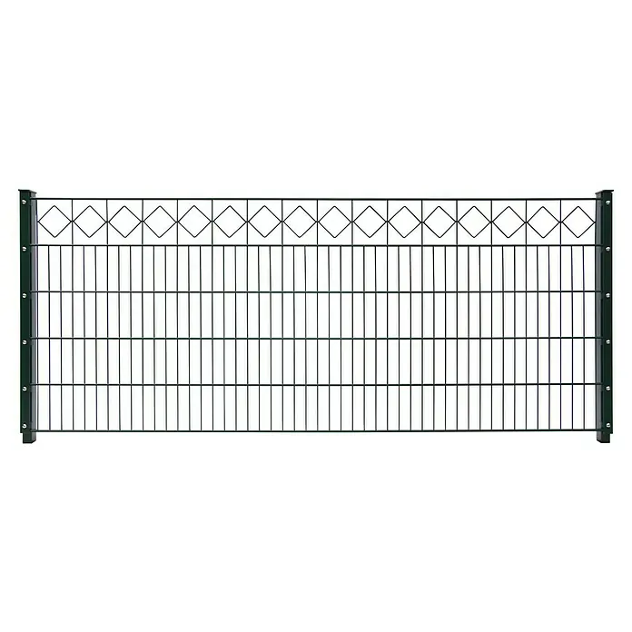 FA-Bausysteme Mattenzaun Schmuckzaun Karo 6/5/6 mm - 200,8 x 83 cm, Anthrazit - Ansicht eines grünen Doppelstabmattenzauns mit dekorativen Rauten, der Sicherheit und Ästhetik für jedes Grundstück bietet.\n