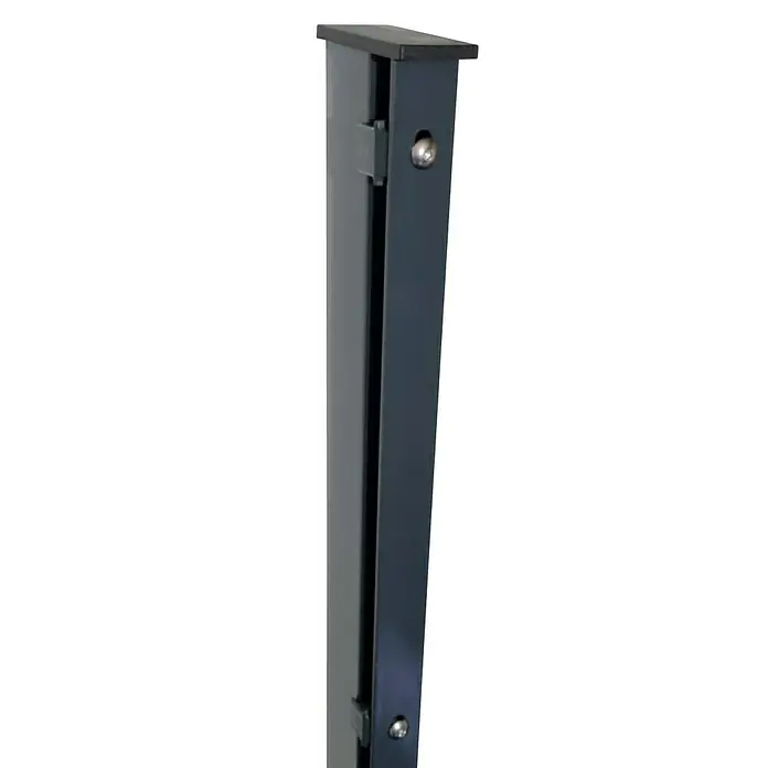 FA-Bausysteme Zaunpfosten Abdeckleiste - Höhe: 220 cm, Anthrazit, Stahl, Passend für: Doppelstabzaun mit 1630 mm Höhe - Detailansicht eines modernen Zaunelements aus Metall mit horizontalen Lamellen und stabilen Pfosten.