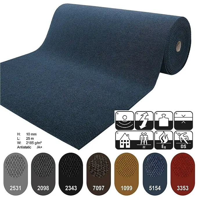 Schmutzfangmatte Hong Kong - Blau, 1.100 x 200 cm, 100 % Polypropylen - Ein Teppichboden in Marineblau auf einer Rolle, dargestellt mit technischen Spezifikationen und Farbvarianten.
