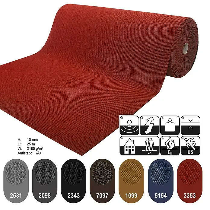 Schmutzfangmatte Hong Kong - Rot, 1.100 x 200 cm, 100 % Polypropylen - Ein roter Teppich wird auf einer Rolle präsentiert, zusammen mit technischen Daten und Farbfeldern, die das Produkt beschreiben.