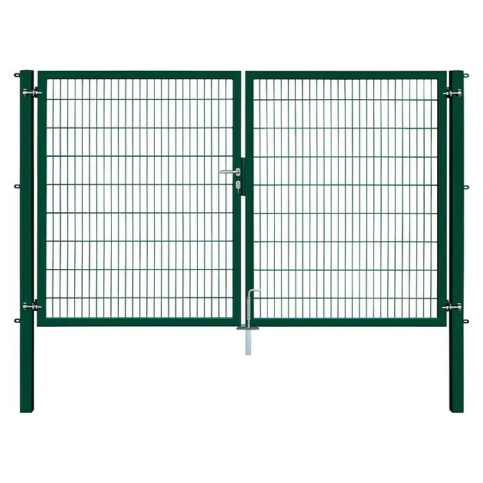 FA-Bausysteme Zauntor Industrietor - 3 x 1,8 m, Stahl, Moosgrün, 2-Flügel, Drahtstärke 6/5/6 mm - Abgebildetes Produkt ist ein grünes Doppeltor mit Maschendraht, ideal für den Garten oder die Hofeinfahrt, das Sicherheit und Stil vereint.