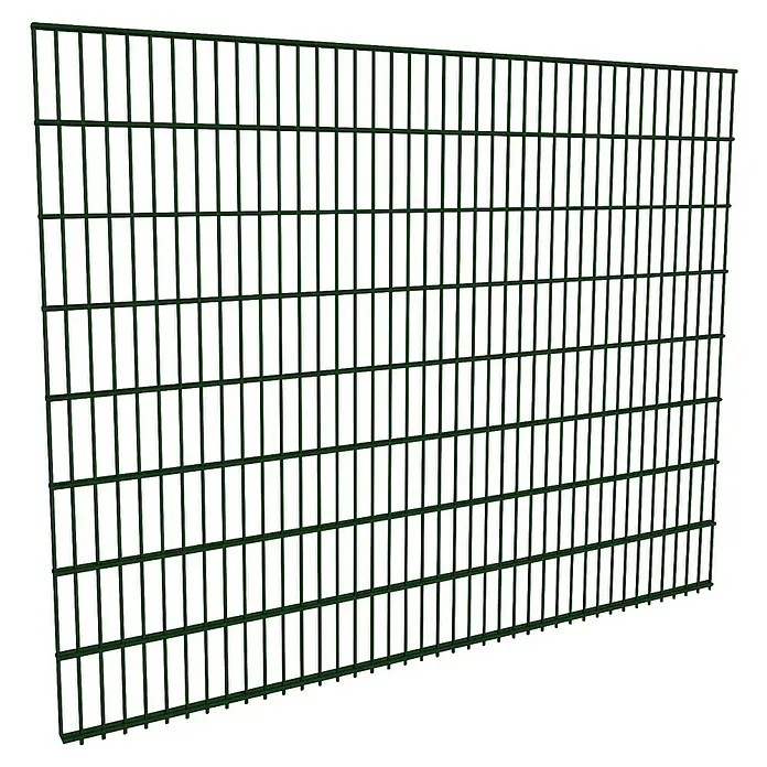 FA-Bausysteme Mattenzaun Basic 6/5/6 mm - 200,8 x 160 cm, Moosgrün - Hier ist ein grüner Doppelstabmattenzaun, der durch seine Stabilität und sein zeitloses Design besticht und zuverlässigen Schutz bietet.
