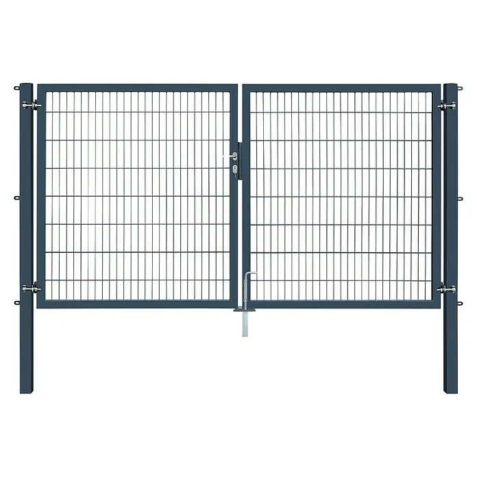 FA-Bausysteme Zauntor Industrietor - 3 x 1,6 m, Stahl, Anthrazit, 2-Flügel, Drahtstärke 6/5/6 mm - Das Bild zeigt ein Metallgittertor mit rechteckigen Öffnungen, das robust und sicher wirkt. Ideal für den Schutz von Bereichen.