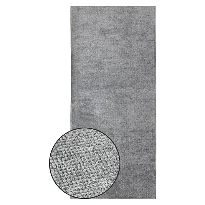 Teppichläufer Azade - Silber, 200 x 80 cm, 65 % Baumwolle, 35 % Polyester - Nahaufnahme eines grauen Teppichs mit dichter Textur, ideal für ein modernes Zuhause.