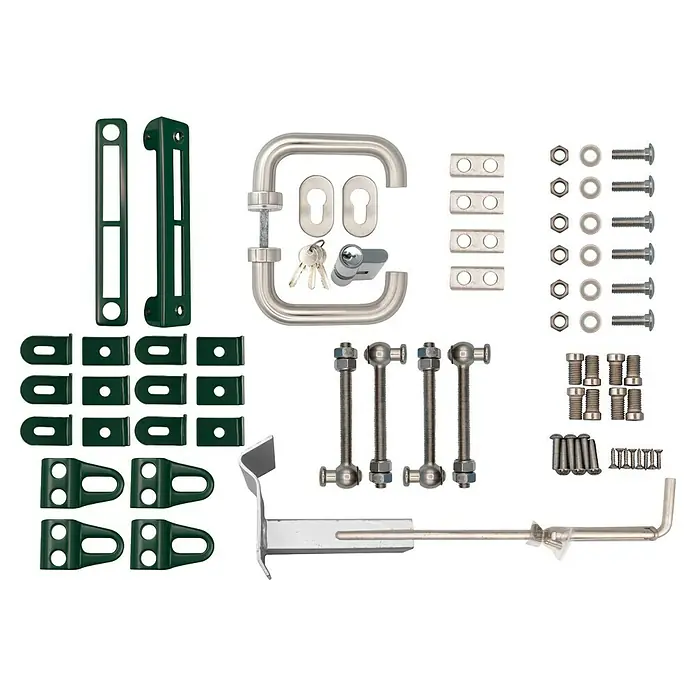 FA-Bausysteme Zauntor Industrietor - 3 x 1,4 m, Stahl, Moosgrün, 2-Flügel, Drahtstärke 6/5/6 mm - Ein Set aus Torbeschlägen mit Griff, Schloss, Riegel und Montagezubehör, ideal für Gartentore.
