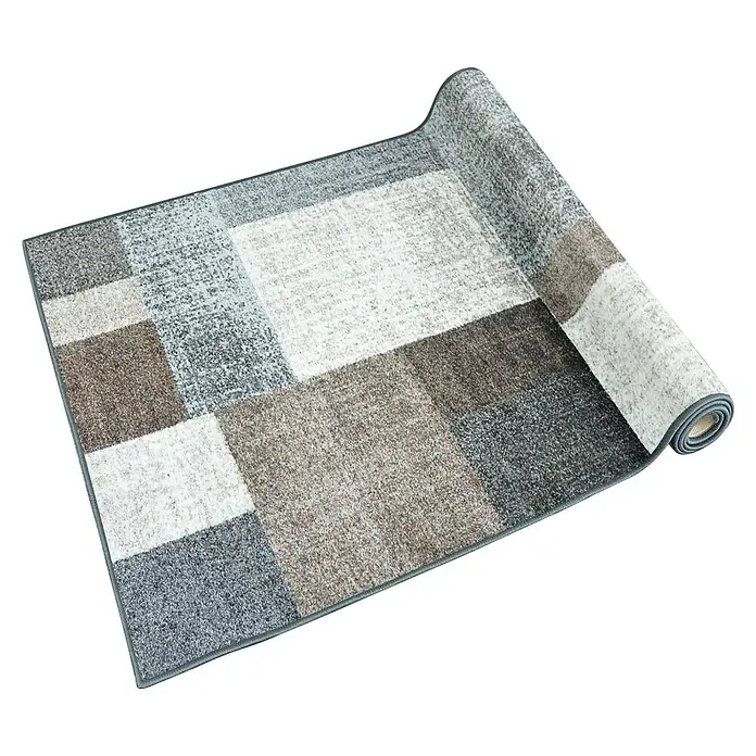 Teppichläufer Lucano - Beige, 200 x 80 cm, 100 % Polyamid - Ein zusammengerollter Teppich mit quadratischem Muster in verschiedenen Grau-, Braun- und Weißtönen. Ideal für moderne Wohnräume.