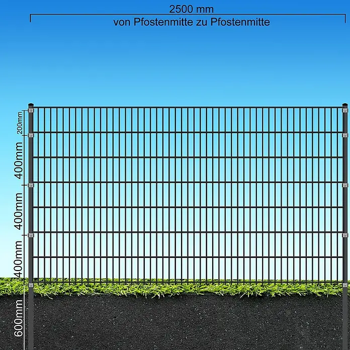 FA-Bausysteme Eckpfosten Abdeckleiste - Höhe: 200 cm, Anthrazit, Stahl, Passend für: Doppelstabzaun mit 1430 mm Höhe - Illustration eines schwarzen Metallzauns mit Größenangaben.