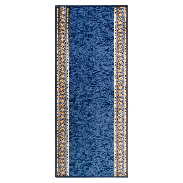 Teppichläufer Rügen - Blau, 300 x 80 cm, 100 % Polyamid - Blauer Teppichläufer mit gemusterten Bordüren.