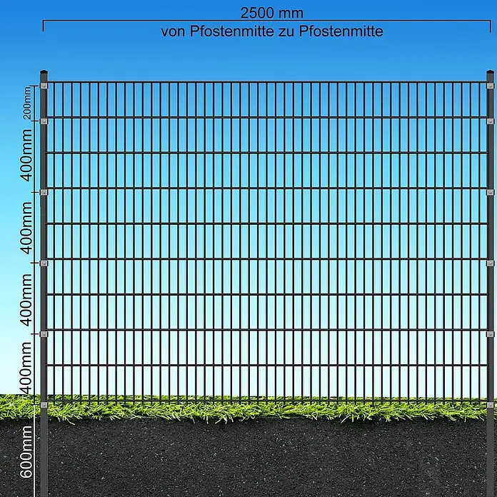 FA-Bausysteme Eckpfosten Klemmplatte - Höhe: 240 cm, Anthrazit, Stahl, Passend für: Doppelstabzaun mit 1830 mm Höhe - Abbildung eines schwarzen Doppelstabmattenzauns mit Größenangaben. Ein stabiler Zaun für Ihr Grundstück.