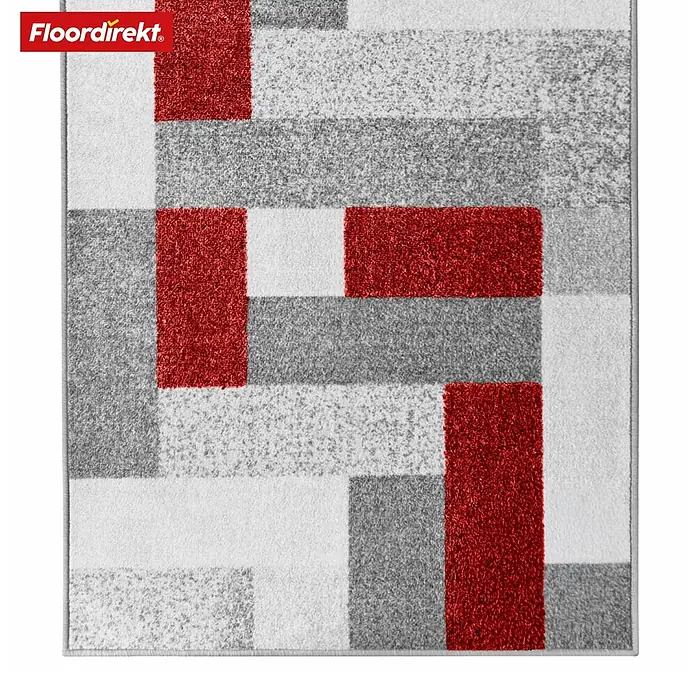 Teppichläufer New York - Rot, 250 x 80 cm, 100 % Polyamid - Ein detailreicher Teppich mit geometrischem Muster in Rot, Grau und Weiß, der durch seine moderne Optik besticht. Das Produkt ist OEKO-TEX zertifiziert.