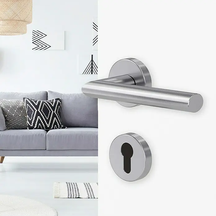 Diamond Doors Modern Drückergarnitur Detroit - Stärke Tür: 40 mm - 45 mm, Edelstahl, L-Form, Profilzylinder - Türbeschlag mit einem modernen, zylindrischen Design. Das Set enthält einen Türgriff und ein Schlüsselloch in Silber. Perfekt für moderne Interieurs.