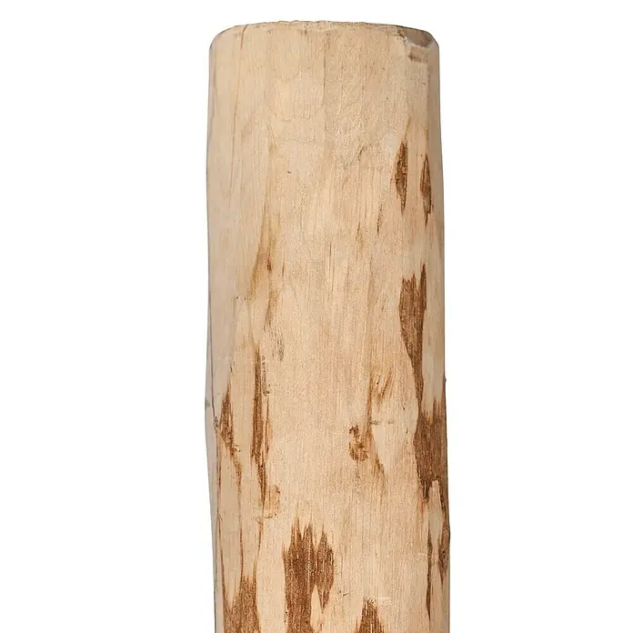 Zaunpfosten für Staketenzaun - Höhe: 150 cm, Durchmesser: 7 cm, Natur, Holz - Nahaufnahme eines Holzpfostens mit Maserung und Ästen. Das Holz hat eine helle Farbe und eine raue Textur.
