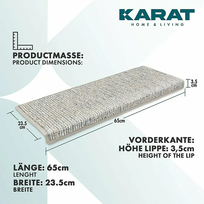 Stufenmatte Geneva - 65 x 23,5 cm, Silber, Rechteck - Abbildung einer beigen Karat Home & Living Treppenstufe mit den Produktabmessungen Länge 65cm, Breite 23.5cm und Höhe der Lippe 3,5cm.