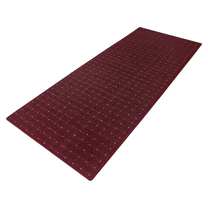 Flachgewebeteppich Rapido - Violett, 200 x 200 cm, 100 % Polypropylen - Das Bild zeigt einen roten Teppich mit kleinen weißen Punkten auf einem gestreiften Untergrund. Ein stilvolles Accessoire für jeden Raum.