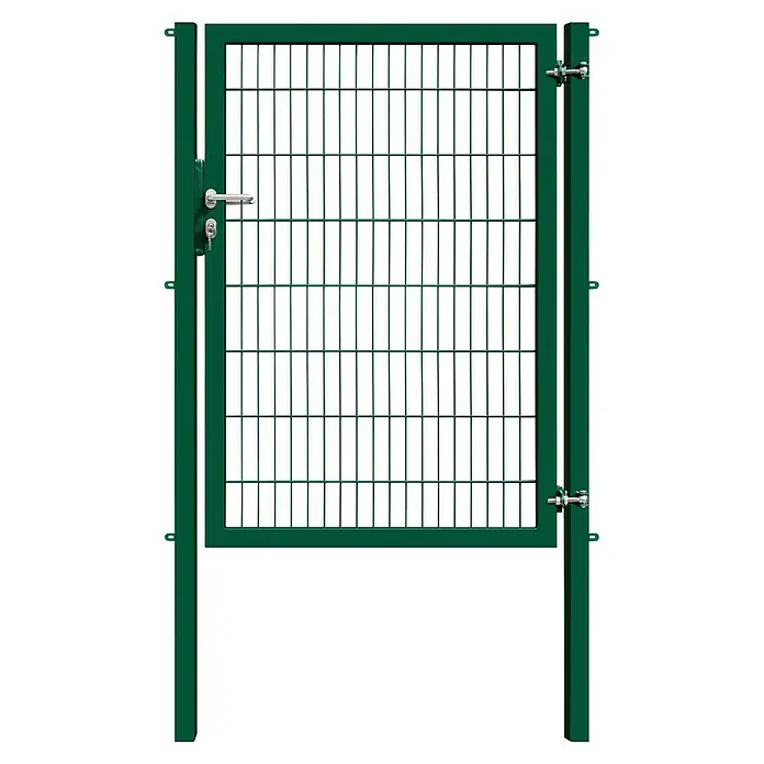 FA-Bausysteme Zauntor Industrietor - 1,2 x 1,6 m, Stahl, Moosgrün, 1-Flügel, Drahtstärke 8/6/8 mm - Das Bild zeigt ein grünes Gittertor mit einer robusten Konstruktion, ideal für den Außenbereich, um Sicherheit zu gewährleisten.