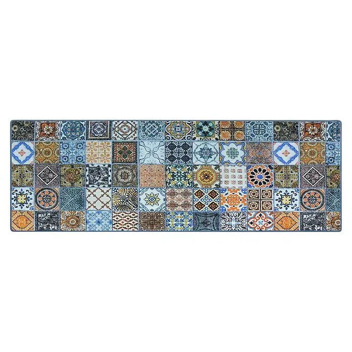 Teppichläufer Bonita - Bunt, 300 x 80 cm, 100 % Polyamid - Abbildung eines stilvollen Flickenteppichs mit verschiedenen quadratischen Fliesenmustern. Die bunte Oberfläche verleiht jedem Raum eine charmante Note.