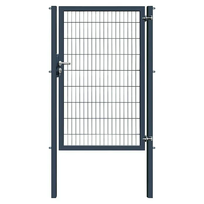 FA-Bausysteme Zauntor Industrietor - 1,2 x 1,8 m, Stahl, Anthrazit, 1-Flügel, Drahtstärke 6/5/6 mm - Nahaufnahme eines grauen Metalltürgitters mit Griff und Schloss, ideal für Sicherheitszwecke und den Außenbereich.