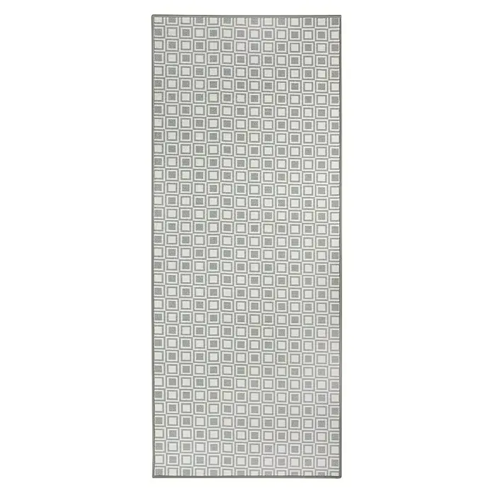 Teppichläufer Bray - Grau, 150 x 80 cm, 100 % Polyamid - Ein rechteckiger Teppich mit einem grafischen Muster aus grauen und weißen Quadraten, der einen modernen Stil verkörpert.