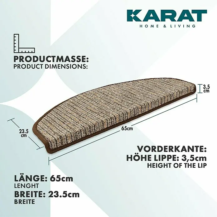 Stufenmatte Geneva - 65 x 23,5 cm, Braun, Halbrund - Abbildung einer braunen KARAT Home & Living Treppenstufe mit den Maßen 65 x 23,5 x 3,5 cm.