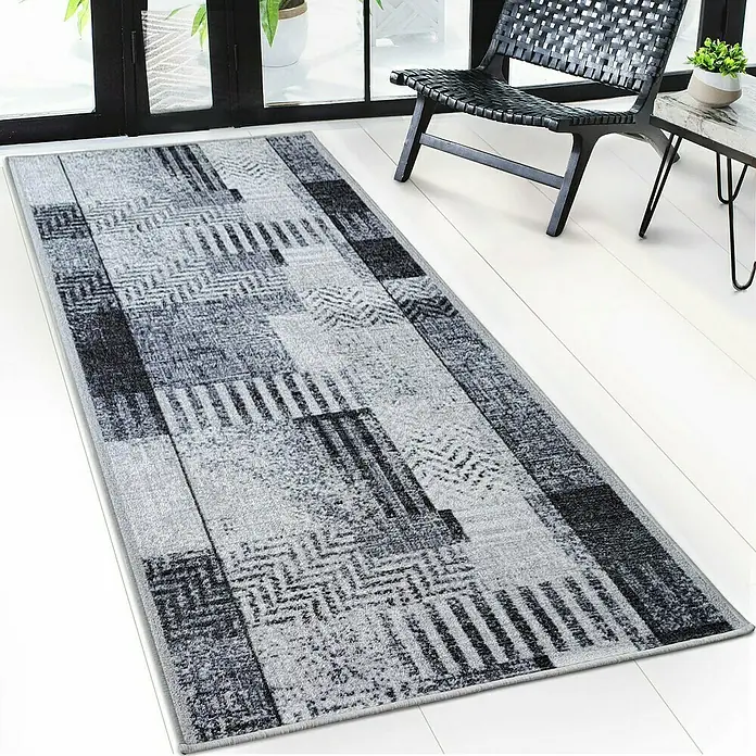 Teppichläufer Cordoba - Grau, 250 x 80 cm, 100 % Polyamid - Moderner grauer Teppich mit abstraktem Muster für Wohnräume, der Stil und Komfort vereint.