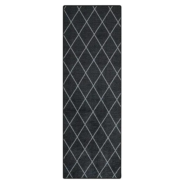 Teppichläufer Cosenza - Schwarz, 450 x 80 cm, 100 % Polyamid - Ein grauer Teppich mit einem Rautenmuster. Das Design ist modern und schlicht, perfekt für jeden Raum.