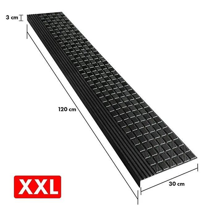 Stufenmatte Dia - 120 x 30 cm, 100 % Gummi, Schwarz - Produktbild eines schwarzen XXL Treppenbelags mit den Maßen 120 x 30 x 3 cm, der auf einer Treppe für mehr Sicherheit sorgt.