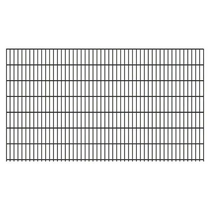 FA-Bausysteme Mattenzaun 6/5/6 mm - 250,8 x 140 cm, Anthrazit - Das Bild zeigt einen schwarzen Akustikzaun, der Schallschutz bietet und das Design mit vertikalen Lamellen und horizontalen Verstrebungen betont.