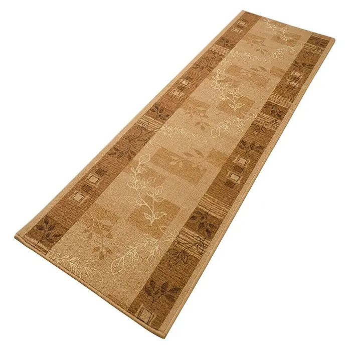 Teppichläufer Akzent - Beige, 150 x 67 cm, 100 % Polyamid - Detailaufnahme eines beigen Läufers mit floralem Muster. Der Teppich besticht durch sein elegantes Design und seine warme Farbgebung.