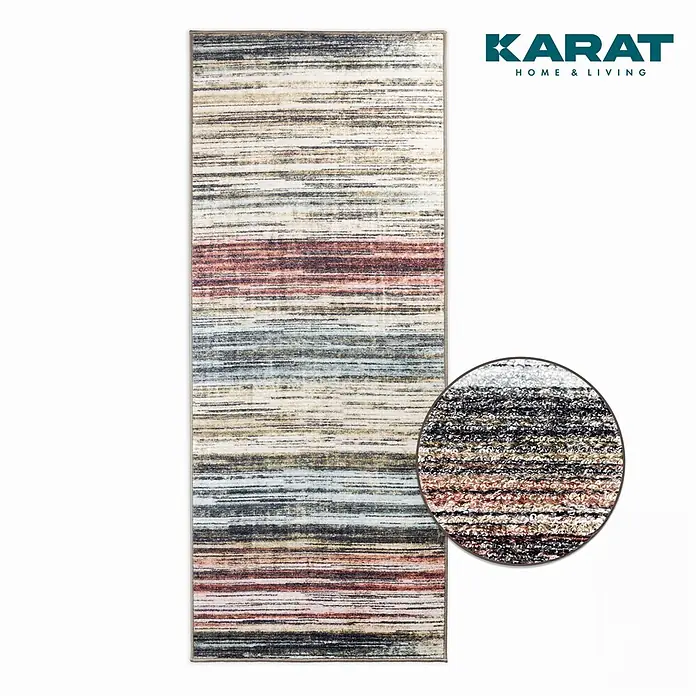 Teppichläufer Cudillero - Bunt, 500 x 80 cm, 100 % Polyamid - Ein rechteckiger Teppich mit bunten Streifen und dem Öko-Tex-Siegel, ideal für ein stilvolles Zuhause.