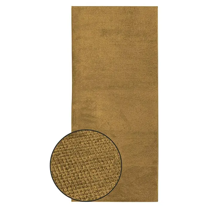 Teppichläufer Azade - Beige, 250 x 80 cm, 65 % Baumwolle, 35 % Polyester - Nahaufnahme eines rechteckigen, ockerfarbenen Teppichs mit einer vergrößerten Detailansicht der Textur, die die Webart hervorhebt.