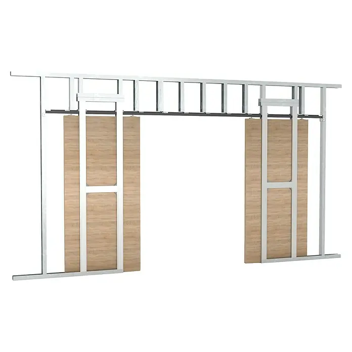Knauf Pocket Kit Easy Synchronisationsbausatz - Silber, Passend für: Knauf Pocket Kit Easy Schiebetürsystem - Detailansicht eines Schiebetürsystems mit Holzpaneelen und Metallrahmen, das die Konstruktion und Funktionalität hervorhebt.