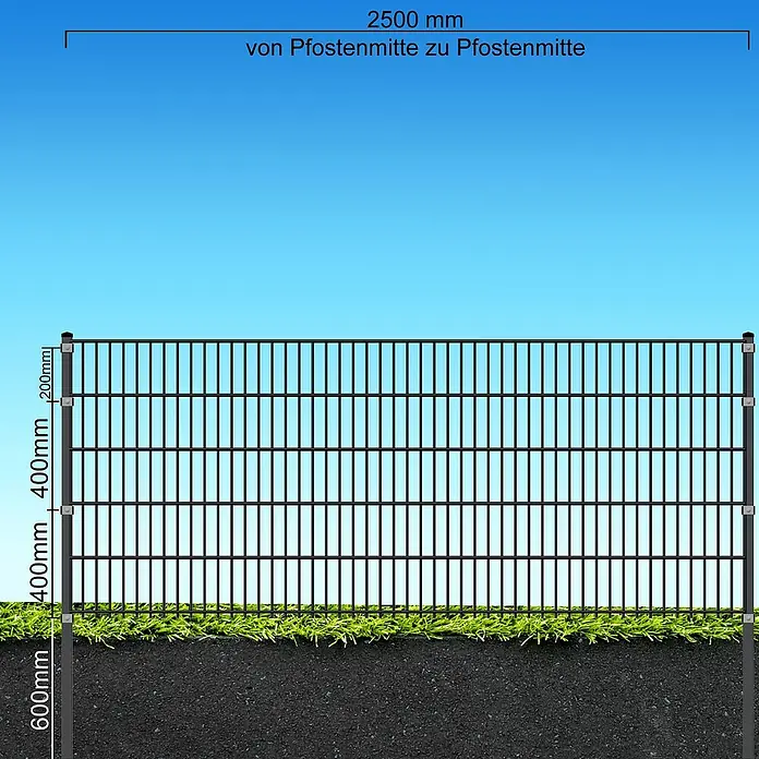 FA-Bausysteme Eckpfosten Abdeckleiste - Höhe: 160 cm, Zink, Stahl, Passend für: Doppelstabzaun mit 1030 mm Höhe - Illustration eines Metallzauns mit Maßangaben, der 2500 mm zwischen den Pfosten misst. Die Pfosten sind 600 mm tief im Boden verankert.