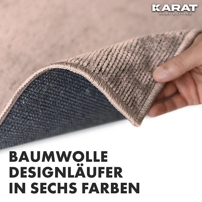 Teppichläufer Azade - Braun, 200 x 80 cm, 65 % Baumwolle, 35 % Polyester - Nahaufnahme eines Baumwoll-Designläufers in sechs Farben von Karat Home & Living, der die Textur und Verarbeitung hervorhebt.