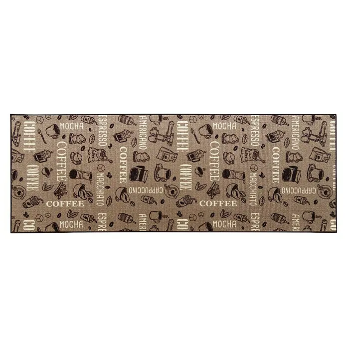 Teppichläufer Coffee - Braun, 200 x 80 cm, 100 % Polyamid - Kaffeemotiv-Fußmatte mit den Aufschriften "Coffee", "Mocha", "Espresso" und anderen Kaffeespezialitäten.