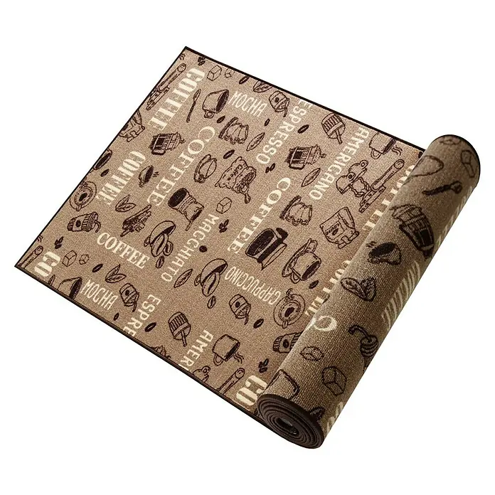 Teppichläufer Coffee - Braun, 200 x 80 cm, 100 % Polyamid - Eine braune, bedruckte Küchenmatte mit Kaffee-Motiven, teilweise aufgerollt, die das Design hervorhebt.