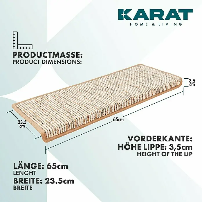 Stufenmatte Geneva - 65 x 23,5 cm, Beige, Rechteck - Produktbild eines KARAT HOME & LIVING Teppichs mit den Maßen 65cm Länge, 23,5cm Breite und einer Höhe der Lippe von 3,5cm.