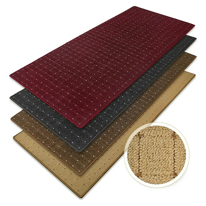 Flachgewebeteppich Rapido - Beige, 200 x 200 cm, 100 % Polypropylen - Diese Abbildung zeigt einen Stapel verschiedenfarbiger Fußmatten mit einem Nahaufnahmeausschnitt, der die Textur der Matten zeigt.