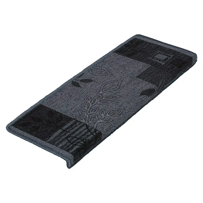 Stufenmatte Akzent - 65 x 23,5 cm, Grau, Rechteck - Elegante graue Teppichstufenmatte mit modernem Pflanzenmuster und dunklen Akzenten. Ideal, um Treppen stilvoll und sicher zu gestalten.