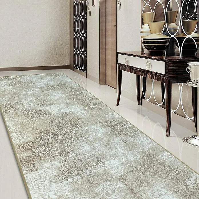 Teppichläufer Davoli - Beige, 400 x 80 cm, 100 % Polyamid - Eleganter Läufer mit klassischem Muster in Beige und Weiß für Flur oder Eingangsbereich, der Stil und Komfort vereint.