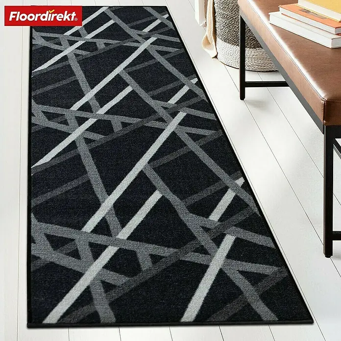 Teppichläufer Printed - Schwarz/Grau, 450 x 67 cm, 100 % Polyamid - Moderner grauer Teppich mit abstraktem Linienmuster, ideal für stilvolle Akzente im Wohnbereich.