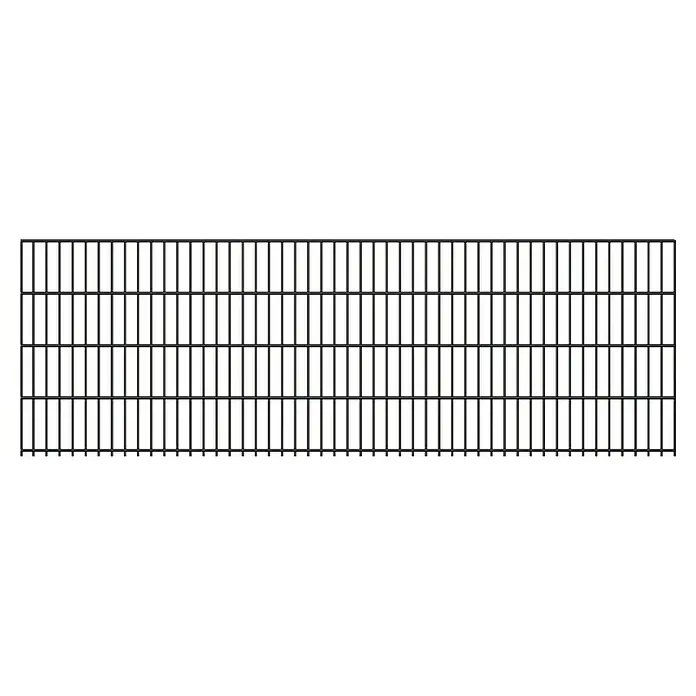 FA-Bausysteme Mattenzaun 6/5/6 mm - 250,8 x 83 cm, Anthrazit - Nahaufnahme eines schwarzen, rechteckigen Grillrosts mit horizontalen und vertikalen Streben vor schwarzem Hintergrund.