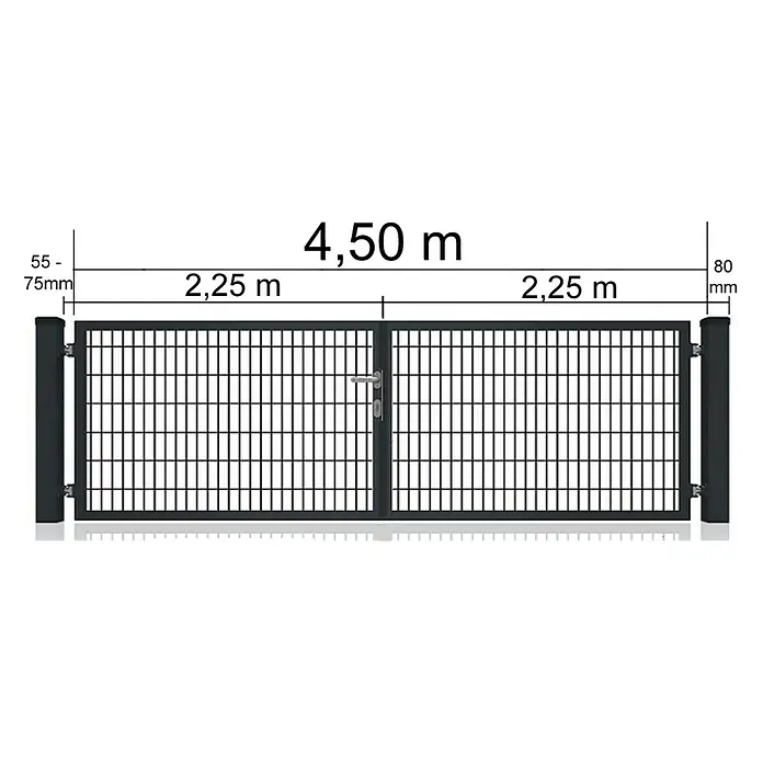 FA-Bausysteme Zauntor Vollrahmen - 4,5 x 1 m, Stahl, Anthrazit, 2-Flügel - Abbildung eines 4,50 m breiten Doppelstabmattenzauntors mit zwei Flügeln und Pfosten, mit den Maßen 2,25 m pro Flügel.