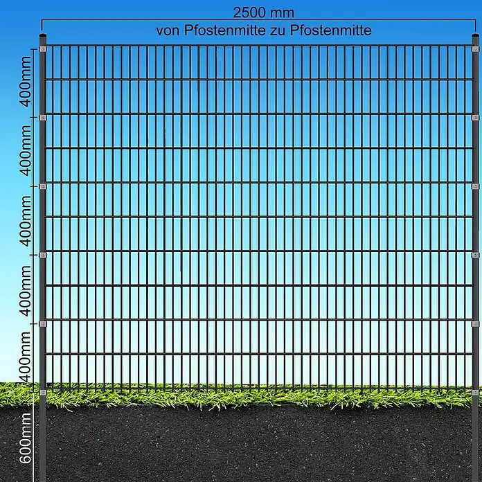 FA-Bausysteme Eckpfosten Klemmplatte - Höhe: 260 cm, Anthrazit, Stahl, Passend für: Doppelstabzaun mit 2030 mm Höhe - Abbildung eines Doppelstabmattenzauns mit Maßen. Der Zaun ist schwarz und besteht aus horizontalen und vertikalen Stäben.