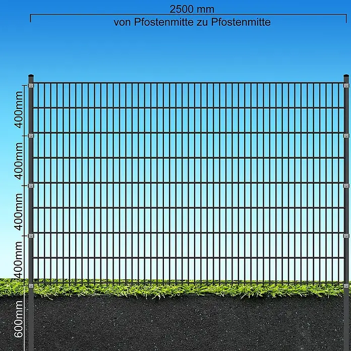 FA-Bausysteme Eckpfosten Abdeckleiste - Höhe: 220 cm, Anthrazit, Stahl, Passend für: Doppelstabzaun mit 1630 mm Höhe - Abbildung eines Doppelstabmattenzauns mit Maßangaben. Ideal für Gärten, Grundstücke und als Sicherheitszaun. Länge: 2500 mm, Höhe variabel durch 400 mm Elemente.