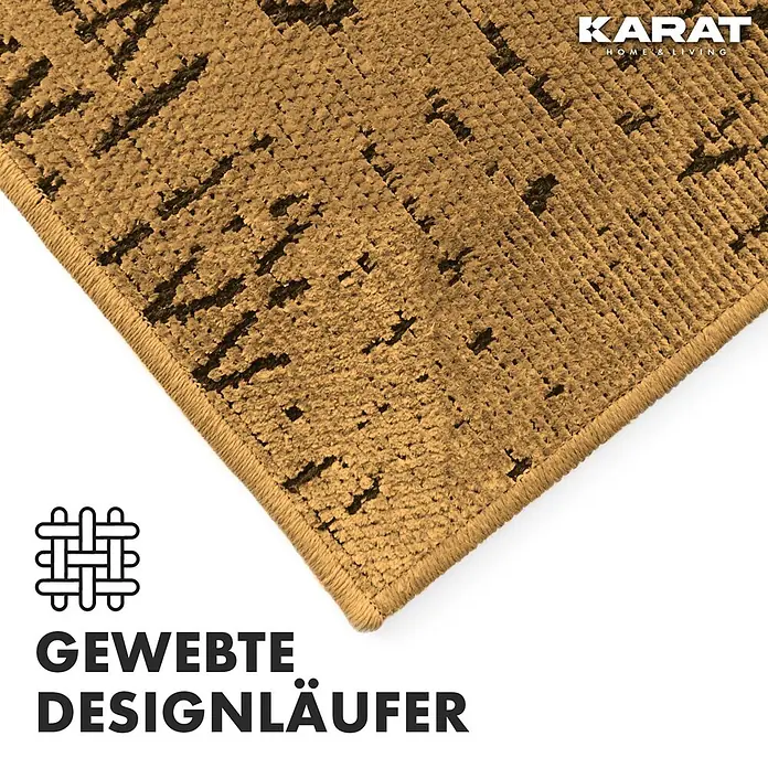 Teppichläufer Vena - Beige, 100 x 80 cm, 65 % Baumwolle, 35 % Polyester - Detailaufnahme eines beigefarbenen KARAT Designläufers mit dunklem Muster und "OEKO-TEX®"-Siegel.