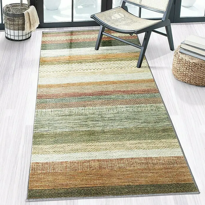 Teppichläufer Naxos - Beige/Rot, 400 x 80 cm, 100 % Polyamid - Gestreifter Teppich mit verschiedenen Farbnuancen, passend zu modernem Interieur, verleiht dem Raum eine warme Atmosphäre.