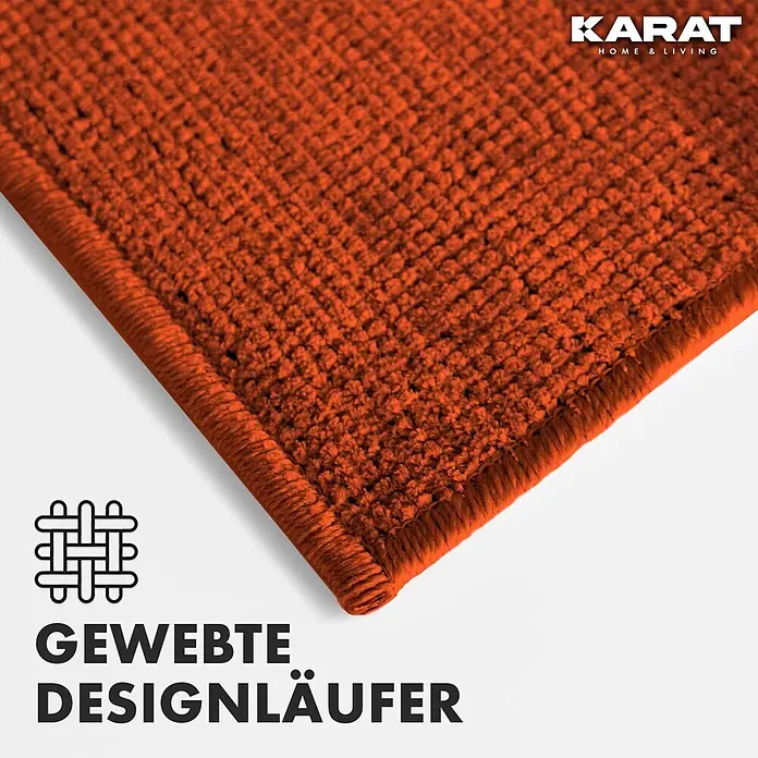 Teppichläufer Azade - Terra, 250 x 80 cm, 65 % Baumwolle, 35 % Polyester - Nahaufnahme eines gewebten Designläufers in Orange von Karat Home & Living mit OEKO-TEX® Zertifikat.